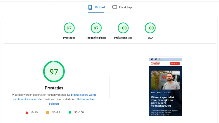 Google Pagespeed score RSG Kitvoegafdichting