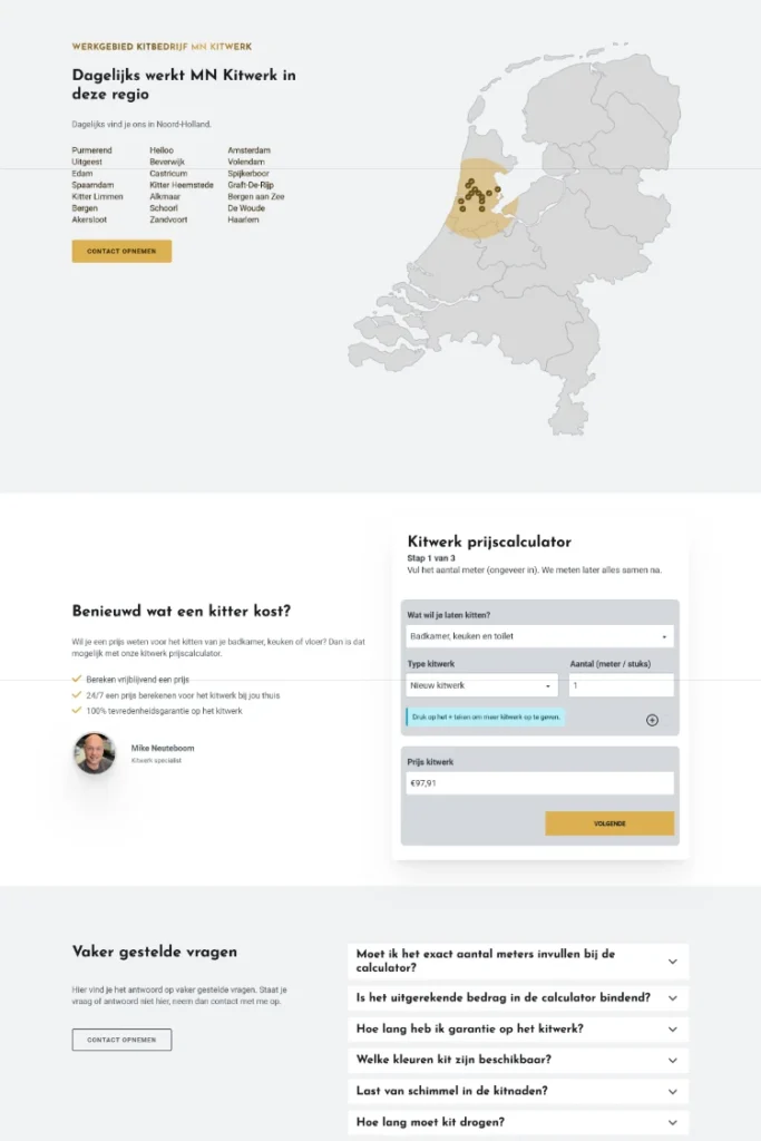 Website voor kitbedrijf MN Kitwerk calculator home