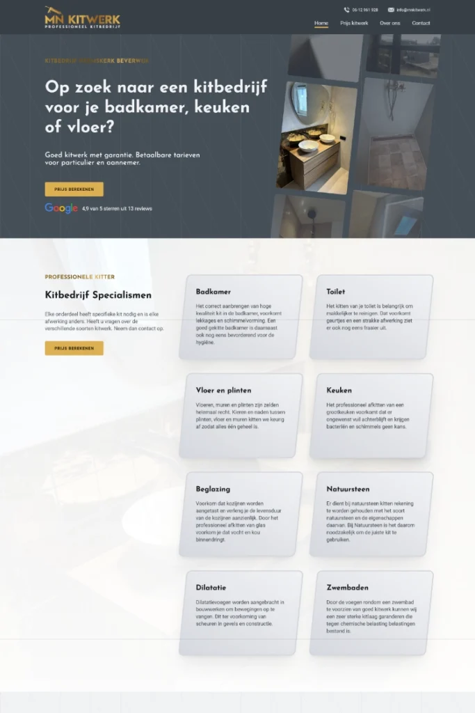 Website voor kitbedrijf MN Kitwerk hero home